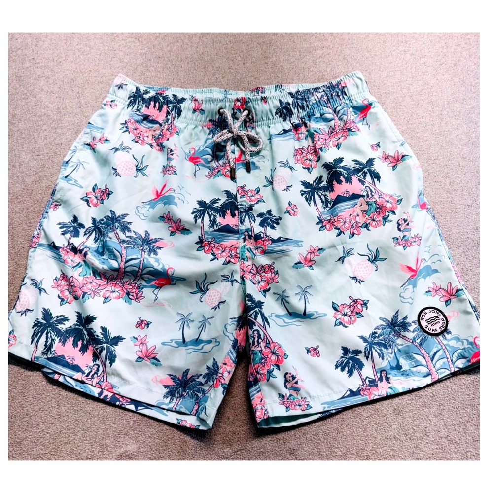Ron Jon Surf Shop Swim Trunks Mens XL Light Blue Tropical Flamingo Board Shorts